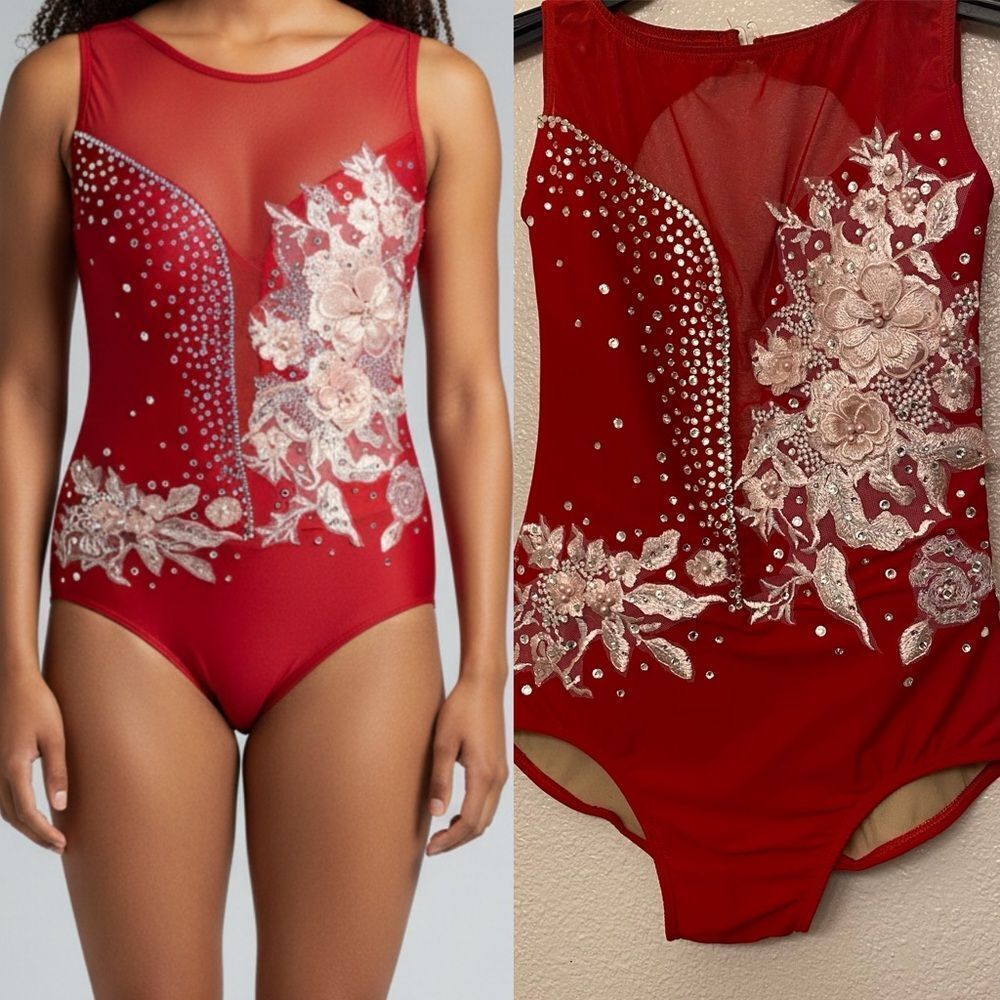 Ilo Gear Glamorous red custom solo dance costume leotard illusion mesh MA adult